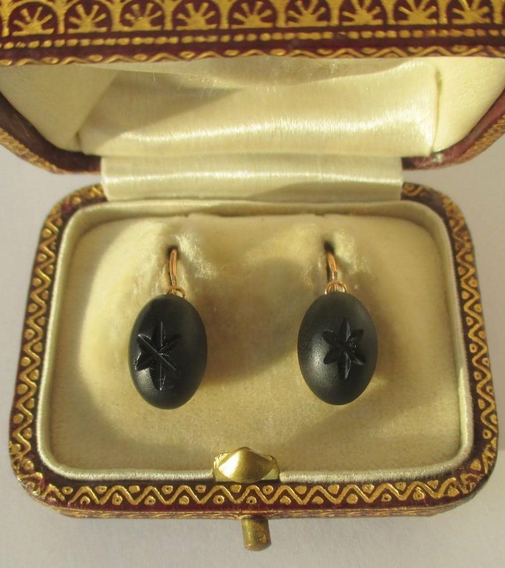 Boucles D'oreilles Vintage En Verre Noir Jais - Années 50 - Occasion