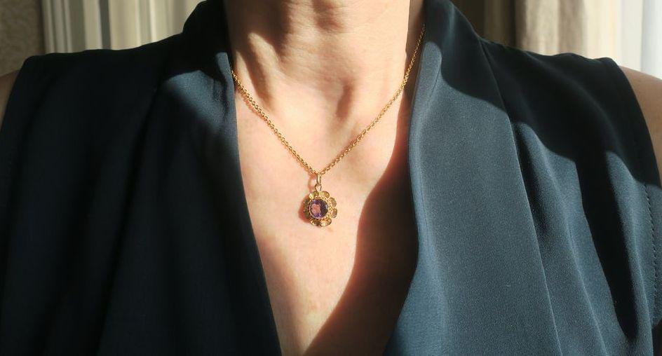 Pendentif Ancien En Or Rose 18 Carats Avec Améthyste Violette - Bijou XIXe Siècle, Très Bon état