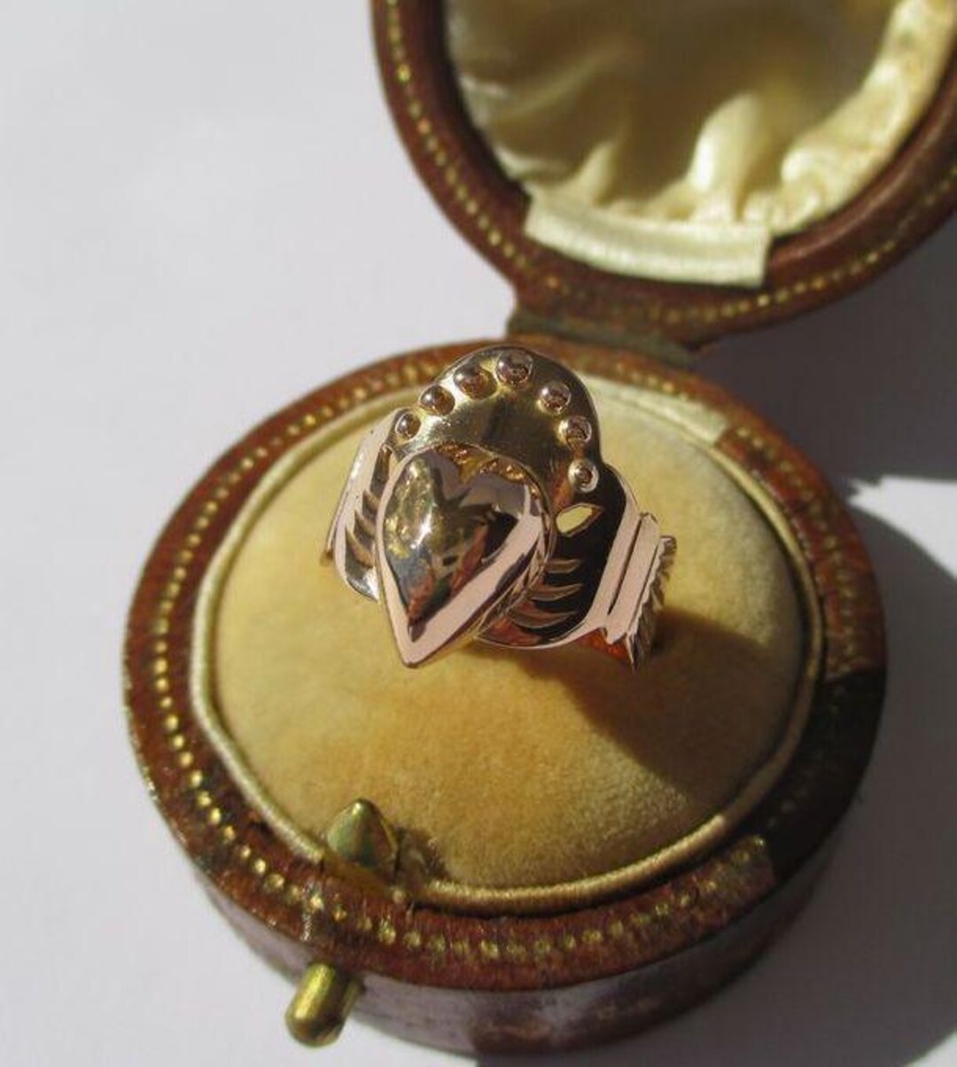 Bague Ancienne Rare Bonne Foi (Fede) En Or Rose 18 Carats - Forme Cœur - Taille 53 - XIXe Siècle