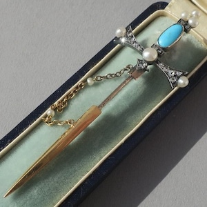 Exceptional important tie pin sword brooch diamonds turquoise pearls solid gold 18 carats 6.2g 8.5xm French old 19th century