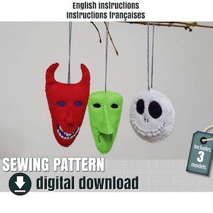 Puede incluir: Patrón de costura para tres adornos de fieltro: un diablo rojo, un monstruo verde y un Jack Skellington blanco. El patrón incluye instrucciones en inglés y francés. Incluye 3 modelos. Descarga digital.