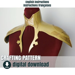 May include: Gold-colored shoulder armor with a high collar, crafted from leather. The armor is displayed on a red mannequin. The text "CRAFTING PATTERN digital download" is at the bottom of the image.