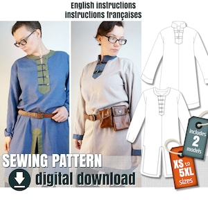 Sewing pattern, Viking style tunic, 2 different models, downloadable PDF  FR + EN