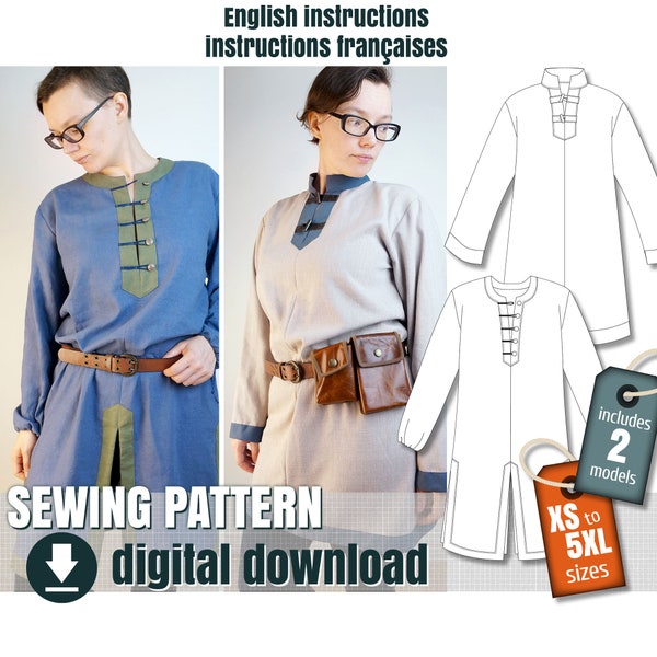 Sewing pattern, Viking style tunic, 2 different models, downloadable PDF  FR + EN