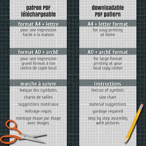 May include: A printable PDF pattern for a project. The pattern is available in A4 and AO sizes. The image shows the text "patron PDF t&eacute;l&eacute;chargeable" and "downloadable PDF pattern".