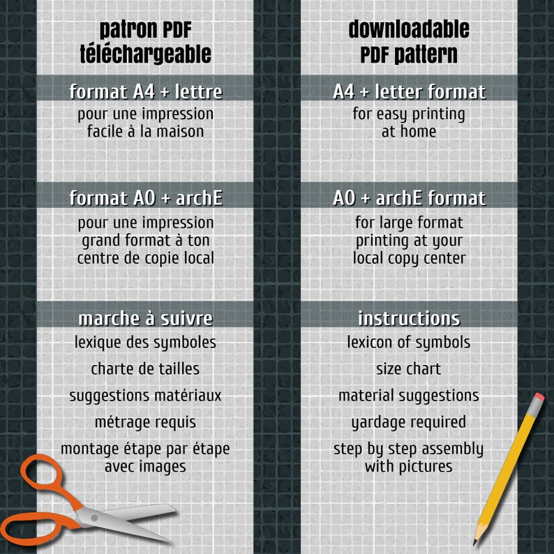 May include: A printable PDF pattern for a project. The pattern is available in A4 and AO sizes. The image shows the text "patron PDF t&eacute;l&eacute;chargeable" and "downloadable PDF pattern".