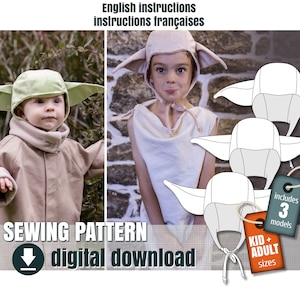 May include: Sewing pattern for a Yoda-inspired hat. The pattern includes three sizes: kid, adult, and adult. The image shows two children wearing the hat, one in green and one in brown. The pattern is a digital download.