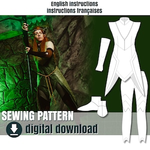 Pode incluir: Um padrão de costura para um traje branco sem mangas, de gola alta e com um zíper na frente. O padrão inclui uma calça, um par de botas e um par de aquecedores de braço. O padrão está disponível para download digital. O texto "Sewing Pattern" e "digital download" é exibido na imagem.