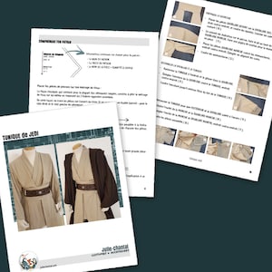 May include: A sewing pattern for a Jedi tunic, featuring a beige tunic with a brown belt and a brown hooded robe. The pattern includes instructions for sewing the tunic and robe, as well as for making the lining. The pattern is titled "Tunique de Jedi".
