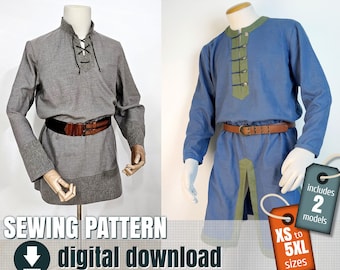 May include: A digital sewing pattern for two tunic models, featuring a gray long-sleeve tunic with a lace-up neckline and a blue long-sleeve tunic with a green placket and button closures. Includes text: English instructions, instructions françaises, SEWING PATTERN, digital download, includes 2 models, XS to 5XL sizes.
