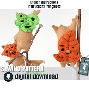 Może przedstawiać: Wzór do szycia, dostępny w formie cyfrowego pobrania, dla czterech stworzeń z filcu w kształcie liści. Stworzenia są brązowe z zielonymi, pomarańczowymi i brązowymi liśćmi z filcu jako twarzami. Na obrazku widnieje tekst "Sewing Pattern" i "digital download".