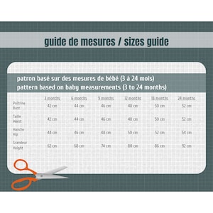 Puede incluir: Un gr&aacute;fico con una gu&iacute;a de medidas para beb&eacute;s en cent&iacute;metros, de 3 a 24 meses. El gr&aacute;fico incluye medidas de busto, cintura, cadera y altura.