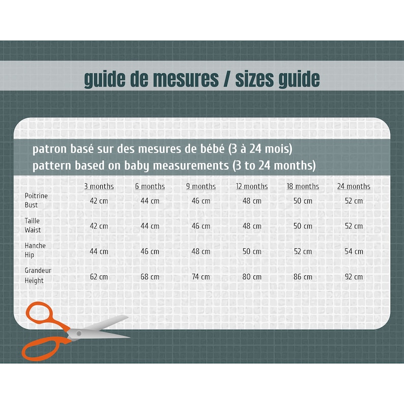 Puede incluir: Un gr&aacute;fico con una gu&iacute;a de medidas para beb&eacute;s en cent&iacute;metros, de 3 a 24 meses. El gr&aacute;fico incluye medidas de busto, cintura, cadera y altura.