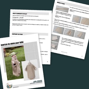 Puede incluir: Un patr&oacute;n de costura para un disfraz de Grogu para un beb&eacute;. El patr&oacute;n incluye instrucciones para hacer un abrigo marr&oacute;n con capucha y un sombrero verde. El texto en la p&aacute;gina dice "Manteau de Grogu pour b&eacute;b&eacute;" y "Julie-Chantal Costumes & Accessoires".