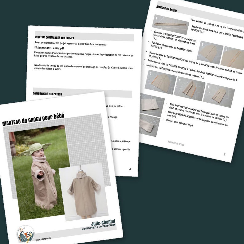 Puede incluir: Un patr&oacute;n de costura para un disfraz de Grogu para un beb&eacute;. El patr&oacute;n incluye instrucciones para hacer un abrigo marr&oacute;n con capucha y un sombrero verde. El texto en la p&aacute;gina dice "Manteau de Grogu pour b&eacute;b&eacute;" y "Julie-Chantal Costumes & Accessoires".