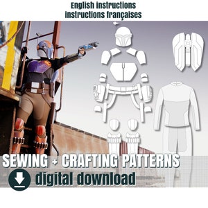 May include: A digital download of sewing and crafting patterns for a white and grey Mandalorian costume. The patterns include a helmet, armour, belt, and trousers. The image also shows a person wearing the completed costume.