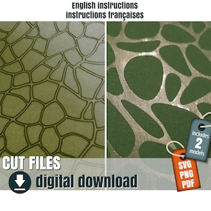 May include: Two digital download files for a cut file design. The design is a geometric pattern of overlapping circles and lines. The design is shown in two different color variations: one with a green background and silver lines, and the other with a green background and gold lines. The text "CUT FILES" and "digital download" is shown at the bottom of the image. The text "includes 2 models" is shown in a red tag. The text "SVG PNG PDF" is shown in a orange tag.