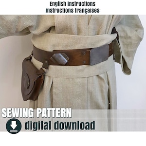 May include: A digital download sewing pattern for a brown leather belt with metal accents and a matching brown leather pouch. The text "SEWING PATTERN" and "digital download" is displayed below the image.
