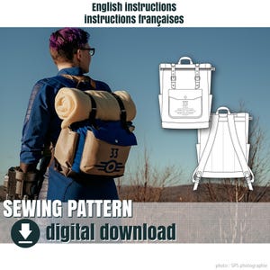 May include: A backpack with a rolled blanket attached, featuring a blue and tan color scheme. The backpack has the number 33 and a symbol printed on it. The image also includes a sewing pattern and the words "digital download".