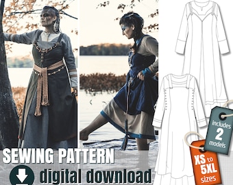 Sewing pattern, Viking style dress, 2 dresses + 2 different over-dresses, downloadable PDF  FR + EN