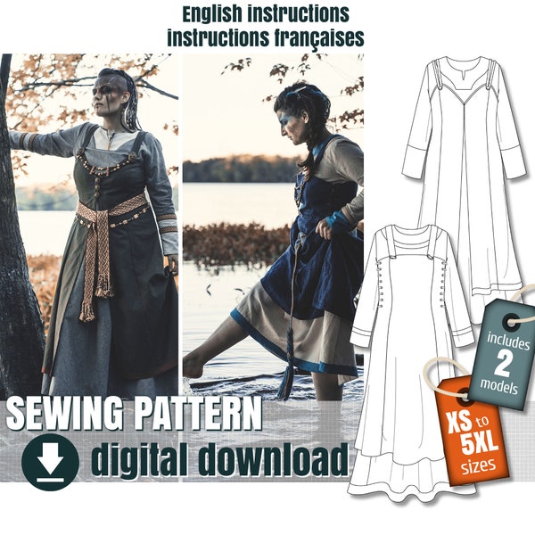 Sewing pattern, Viking style dress, 2 dresses + 2 different over-dresses, downloadable PDF  FR + EN