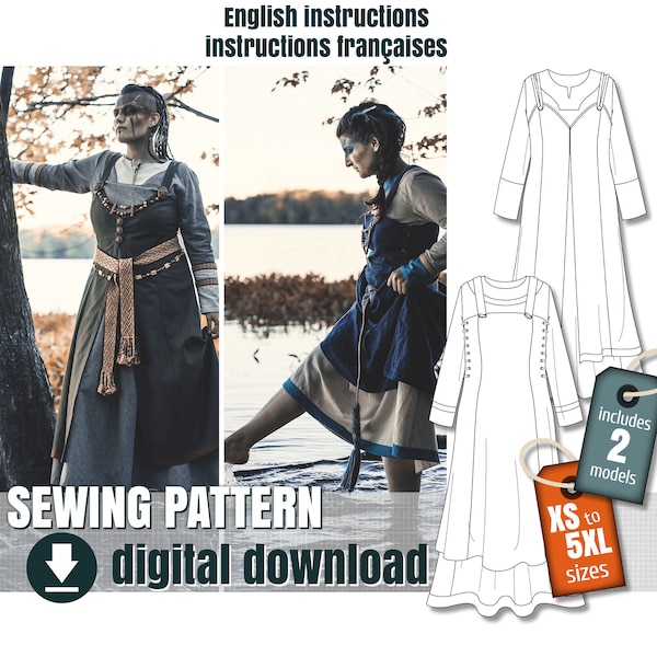 Patrón de costura, vestido estilo vikingo, 2 vestidos + 2 abrigos diferentes, archivo PDF descargable FR + EN