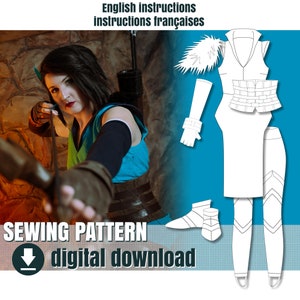 Könnte beinhalten: Schnittmuster für ein Kostüm mit einer weißen Weste, einem Rock und Leggings. Das Schnittmuster enthält Anleitungen in Englisch und Französisch. Das Bild zeigt auch ein Model, das ein ähnliches Kostüm mit Pfeil und Bogen trägt.
