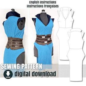Pode incluir: Um padrão de costura para um vestido sem mangas com decote em V e cintura alta. O padrão inclui instruções em inglês e francês. O vestido é mostrado em azul claro com um cinto marrom. O padrão está disponível para download digital.