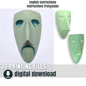 Pode incluir: Três máscaras imprimíveis em 3D, duas verdes e uma branca, com expressões faciais tristes. As máscaras estão disponíveis para download digital e são etiquetadas como "Arquivos de impressão 3D".