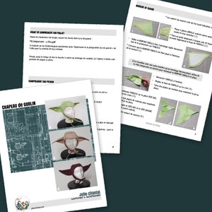 May include: A green, brown, and red goblin hat sewing pattern with instructions on how to sew the hat. The pattern includes a close-up of the hat with the ears folded down and a close-up of the hat with the ears folded up.