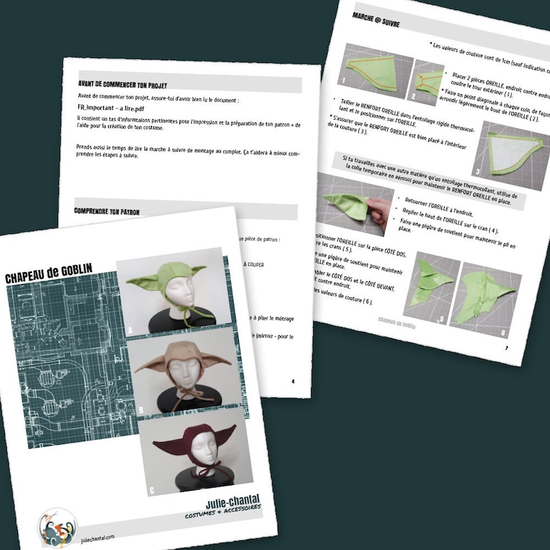 May include: A green, brown, and red goblin hat sewing pattern with instructions on how to sew the hat. The pattern includes a close-up of the hat with the ears folded down and a close-up of the hat with the ears folded up.