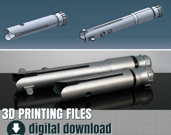 May include: Two silver 3D printed lightsaber hilts, one with a black stripe and the other with two black stripes. The hilts are on a reflective surface. The text "3D PRINTING FILES" and "digital download" is below the hilts.