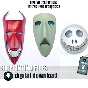 Pode incluir: Arquivos imprimíveis em 3D para máscaras de Jack Skellington, Oogie Boogie e o diabo vermelho de O Estranho Mundo de Jack. O download digital inclui instruções em inglês e francês.