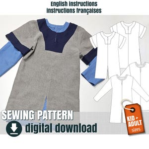 Peut inclure: Un patron de couture en téléchargement numérique présentant une tunique grise et bleu marine à manches courtes sur une chemise bleu clair à manches longues. L'image inclut des dessins techniques du vêtement et une étiquette orange KID + ADULT.