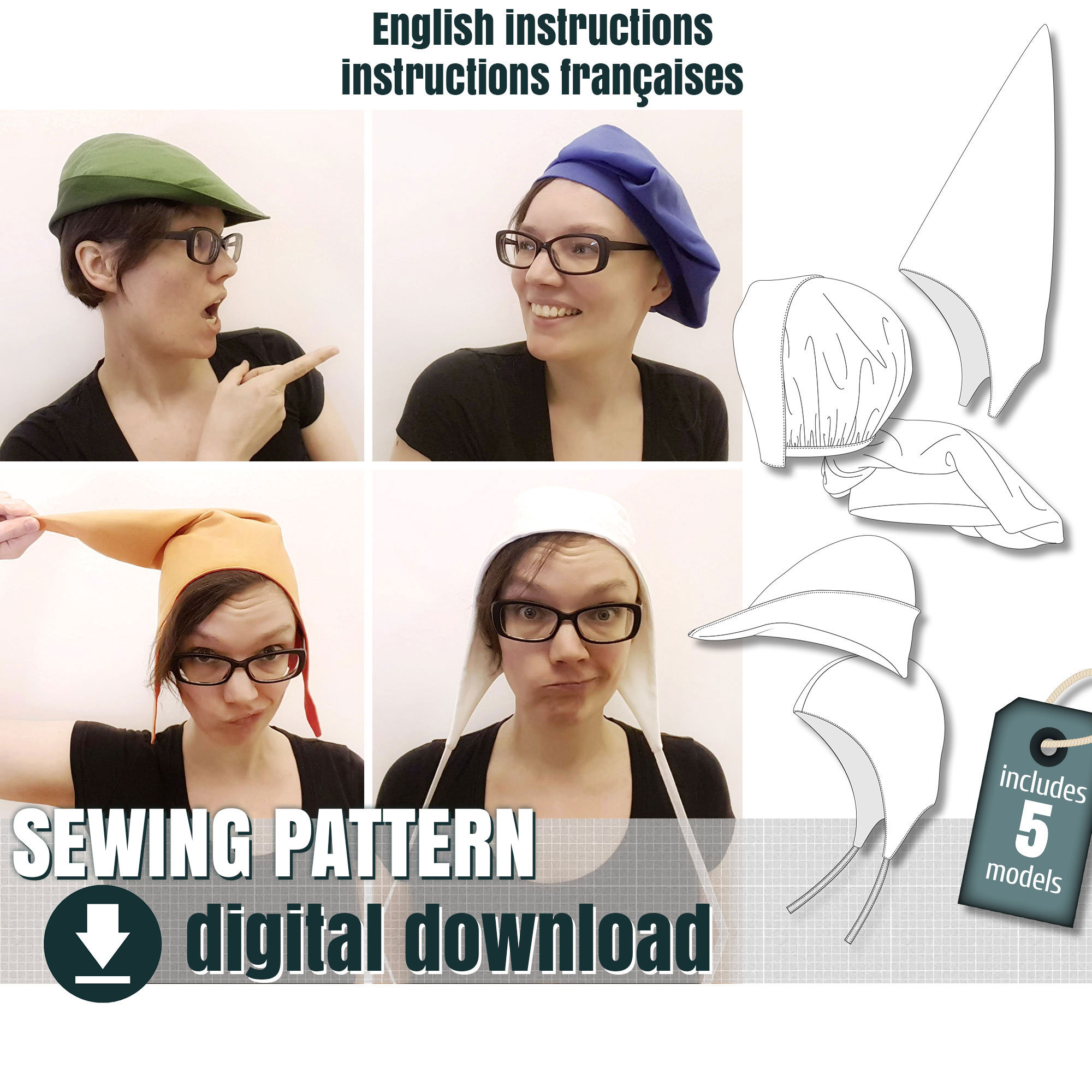 Sewing Pattern, Medieval Style Hats, 5 Different Models Sewing Pattern, Medieval Style Hats, 5 Different Models