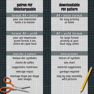 May include: A graphic with text detailing a downloadable PDF pattern. The text includes instructions, size charts, and material suggestions. It also lists A4 + letter and A0 + archE formats. A pair of orange scissors and a yellow pencil are in the image.