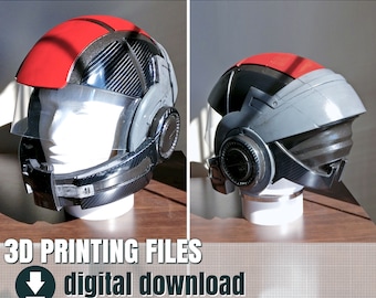 May include: 3D printable files for a futuristic helmet with a red, gray, and black design. The helmet has a visor and a headset. The text "3D PRINTING FILES digital download" is at the bottom of the image.