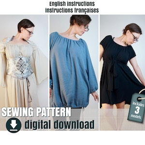 Sewing pattern, Peasant dress, 3 different models, downloadable PDF  FR + EN