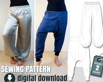May include: Sewing pattern for two styles of loose-fitting pants. The pattern includes instructions in English and French. The image shows a model wearing a pair of silver pants and another model wearing a pair of blue pants. A line drawing of the pants is also included.