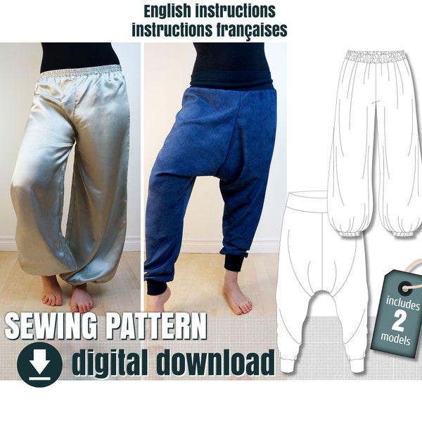 Sewing pattern, Harem pants and Sarouel pants, 2 different models, downloadable PDF  FR + EN