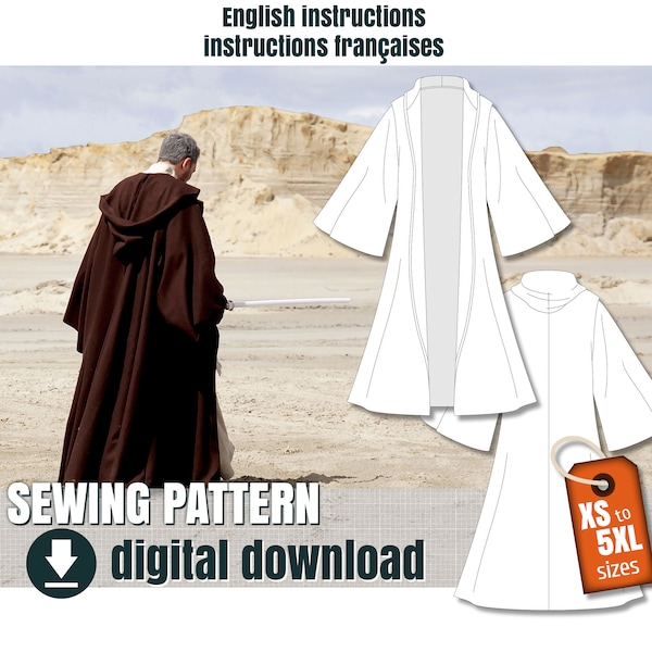 Sewing Pattern, Jedi Style Outer Robe only, Cloak, Obi-Wan Kenobi Inspired, Downloadable PDF File  FR + EN