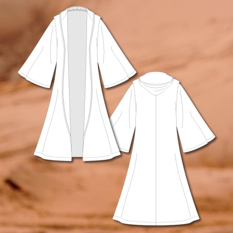 May include: A white robe with a long, flowing design and a hood. The robe is open in the front, revealing a long, straight seam down the center.