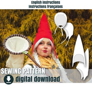 May include: A digital sewing pattern for a pointed hat and bonnet, featuring text that reads English instructions, instructions françaises, SEWING PATTERN, and digital download, with a download icon.