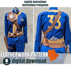 Pode incluir: Macacão azul e bege com uma alça de ombro e cinto de couro castanho. A parte de trás do macacão tem o número 33 em amarelo. A imagem também inclui o texto "LEATHERWORK PATTERN digital download" e "English instructions instructions françaises".