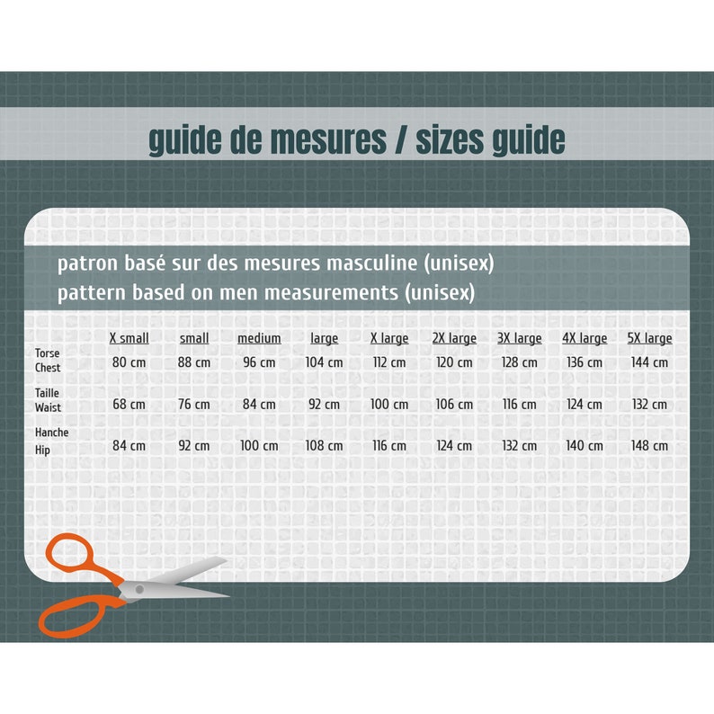 May include: A size chart for men's clothing with measurements in centimeters for the torso, chest, waist, and hip. The chart includes sizes from X-Small to 5X-Large.