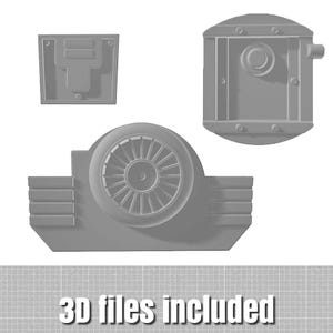 May include: A set of three gray 3D printed components including a rectangular piece with a central cutout, a square piece with a circular protrusion, and a large semi-circular piece with a central fan-like vent and side slats. Text reads 3D files included.