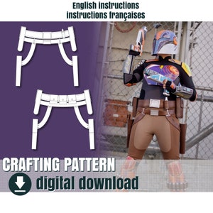 Può includere: Un modello di cucito per una cintura con due cinturini laterali. Il modello è mostrato su uno sfondo bianco con una tinta viola. Il testo "CRAFTING PATTERN" e "digital download" è mostrato sotto il modello.