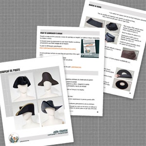 May include: A sewing pattern for a pirate hat. The pattern includes four different styles of hats, each with a different brim and crown shape. The pattern is printed on white paper with black text and illustrations. The text includes the words "Chapeau de Pirate" and "Avant de Commencer a Coudre".