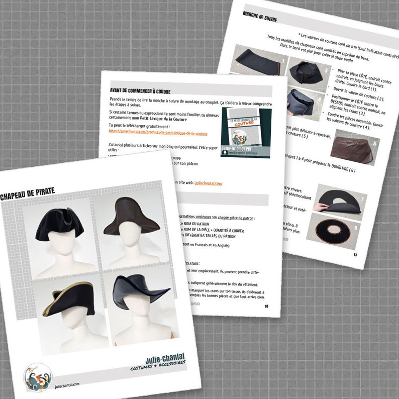 May include: A sewing pattern for a pirate hat. The pattern includes four different styles of hats, each with a different brim and crown shape. The pattern is printed on white paper with black text and illustrations. The text includes the words "Chapeau de Pirate" and "Avant de Commencer a Coudre".