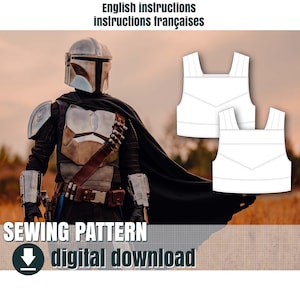 May include: A digital sewing pattern for a vest, with instructions in English and French. The pattern is shown on a white background, with a Mandalorian character in the background. The text "Sewing Pattern" and "digital download" is at the bottom of the image.